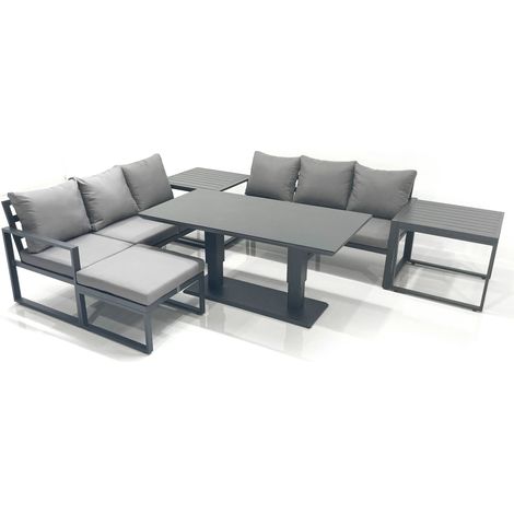 Fimous 7 Seater Aluminium Outdoor Garden Furniture Set with Adjustable Rising Lifting Dining Table 3 Seater Sofa Big Footstool 2 Side Tables Dark Grey (1/5)