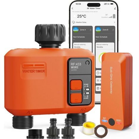 Smart Programmateur Arrosage WiFi 2 Voies,300 Meters RF,Couverture WiFi supérieure, Minuteur Arrosage Automatique avec Contrôle APP,Minuterie D'irrigation Programmable et Arrosage à Distance