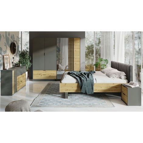 Komplettes Design-Schlafzimmer IZO: Schrank, Bett 160x200, Kommode, Nachttische, Eiche/anthrazitgrau