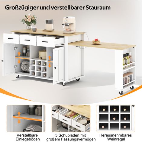 Îlot de cuisine roulant à plan de travail escamotable, table de service avec étagères, 136 (223) x 50 x 93 cm, 3 tiroirs, rangement bouteilles, multiprise avec USB et 7 roues pivotantes, finition blan (1/5)