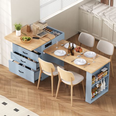 Îlot de cuisine mobiles avec rangement,plan de travail,table à manger extensible avec éclairage LED,table de cuisine avec multiprises,Bleu (1/5)