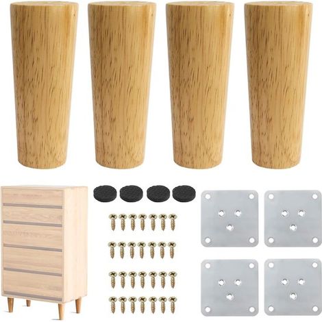 4 gambe per mobili da 15 cm, gambe per tavolo, gambe angolate in legno per mobili, gambe per tavolo in legno massello e affusolate, gambe di ricambio per divano con viti e piedini antiscivolo (1/5)