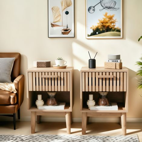 Lot de 2 Table de chevet en bois naturel 40 x 35 x 55–Avec 1 tiroir et compartiment ouvert–Effet cannage et bois clair–Scandinave–Pour salon/chambre