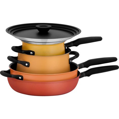 Meyer Accent Spark - Set di 6 pentole e padelle impilabili con coperchi universali e forma anti fuoriuscita, mix di pentole in acciaio inossidabile e antiaderenti (1/5)