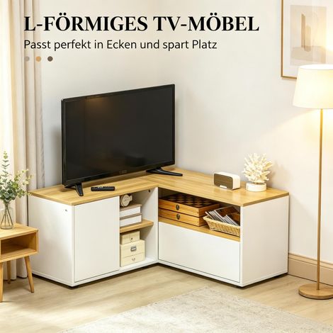 Meuble TV en L avec compartiments ouverts, Meuble TV moderne, Meuble d'angle gain de place, Meuble d'angle compact (1/5)