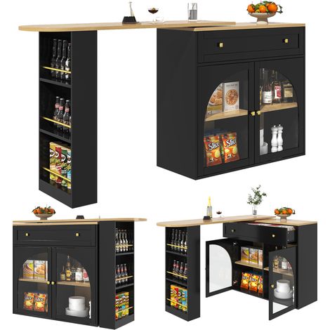 Table de bar extensible avec rangement (138-204×39×104 cm), table à manger pivotante à 360°, table de bar moderne mobile, table haute pour îlot de cuisine, buffet avec étagères et verre, noir (1/5)