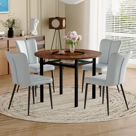 Set de tables à manger rondes et modernes, au style minimaliste (contenant 4 chaises en tissu gris clair). La table est ronde, avec un diamètre de 100 cm. Conçue dans un style boisé. (1/5)