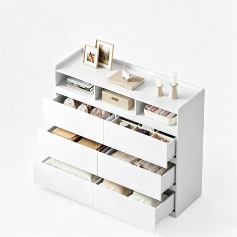 Commode blanche 6 tiroirs avec 3 niches ouvertes et plateau surélevé, meuble de rangement compact pour chambre, salon ou entrée, design moderne sans poignée  CHICFURN (1/5)