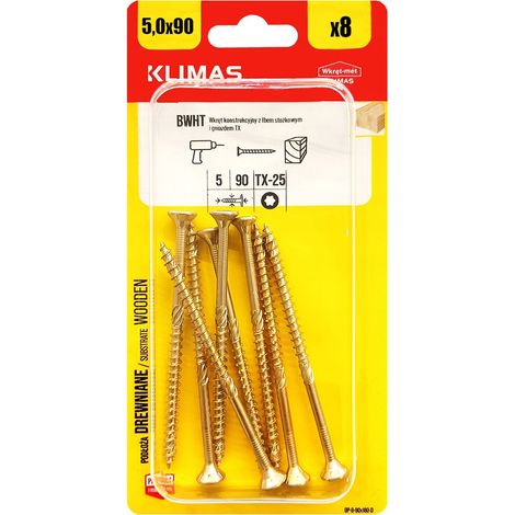 Vis Charpente Bois Klimas, 5 x 90 mm, Empreinte Torx, Tête Fraisée, Blister 8 Pièces (1/5)
