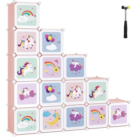 Mueble de almacenamiento infantil de 16 cubos armario modular con puertas estante de plástico para juguetes ropa zapatos mochilas escolares 123 x 31 x 123 cm blanco 120006518 (1/5)