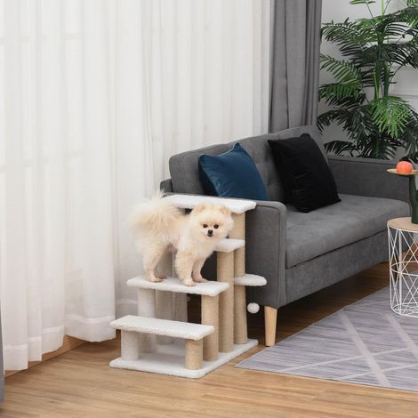 Scala per gatti a 4 livelli rivestita in morbido peluche, con palo in juta e pallina pendente, 60x40x64 cm, bianca.