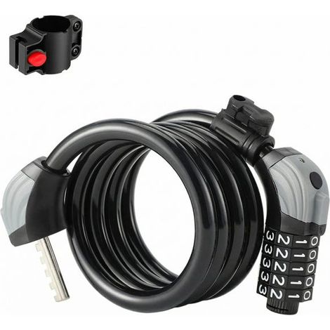Antivol de roue de vélo à combinaison 5 chiffres avec éclairage, câble en acier renforcé, noir