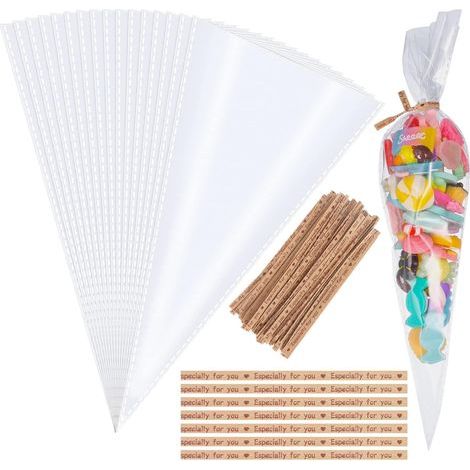 Sachet Bonbon, 100 Pcs Sacs Cellophane Cône Bonbons Sacs à Cône Transparent Sacs-cadeaux pour Anniversaire Fête Chocolate Candy Biscuits Savon Serre-câbles d'étanchéité, 13 25cm (1/5)