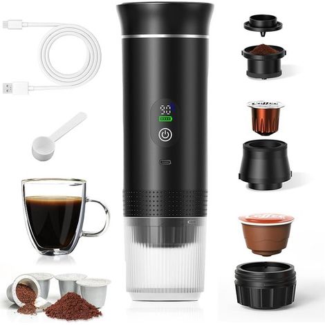 Cafetière portable 3 en 1 - Machine à café - Machine à expresso électrique - Rechargeable - Capsules - Café moulu - Cafetière de voyage et de camping 12 volts