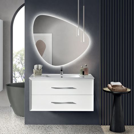 Mobile da bagno sospeso moderno base 100 CLASSIC con 2 cassetti e lavabo, BIANCO OPACO (1/5)