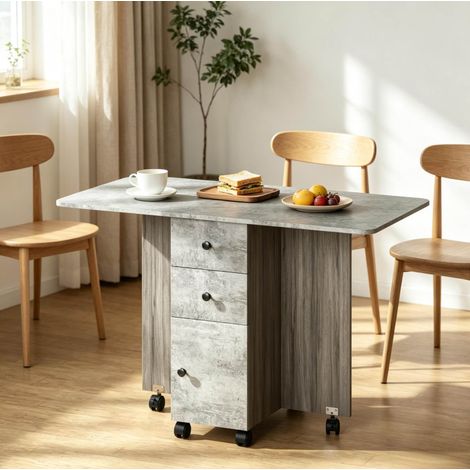 Mesa extensible plegable para comedor, 2 hojas, 3 cajones, ruedas, gris DESVIAE (1/5)