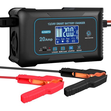 Chargeur Batterie Voitures 12V/24V 20A, Chargeur Batterie Auto et Moto Rapide Intelligent, Maintien Désulfateur pour Batteries au Lithium, LiFePO4, Plomb (AGM, EFB, Gel, MF, VRLA) (1/5)