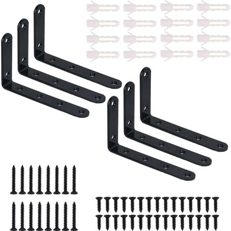 6Pcs Black Shelf Brackets 125mm Metal L Brackets for Shelves, Heavy Duty Floating Shelf Brackets w/ Screws and Anchors, Black (1/5)