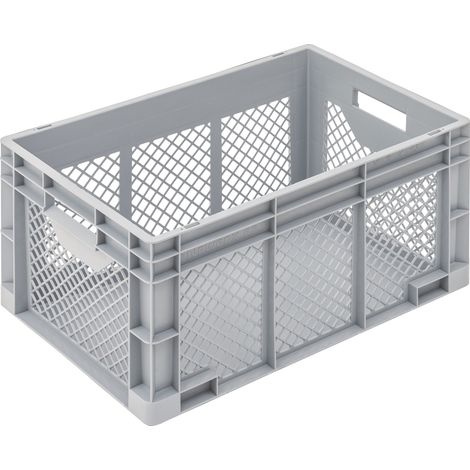Contenitore di trasporto L600xP400xH320mm grigio PP con pareti laterali traforate attraverso passante
