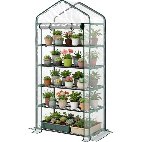 Serre de jardin PVC avec étagères 5 niveaux, serre de balcon, châssis en acier, porte zippée, 90x49x193cm, transparent (1/5)