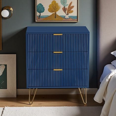 Mesita de Noche y Complemento - Azul Profundo - 3 Cajones - Patas Doradas - Diseño Moderno