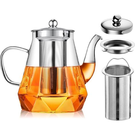 Théière en verre avec infuseur, 1 l, résistante à la chaleur, théière en verre résistant à la chaleur, pour thé en vrac et fleurs de thé, avec tessieb fin (1000 ml) (1/5)