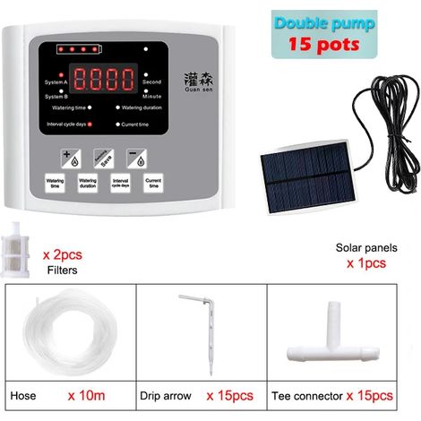 (Double pompe, gris, tuyau d'eau de 10 mètres) Système d'irrigation goutte à goutte pour jardin, programmateur, énergie solaire. (1/5)