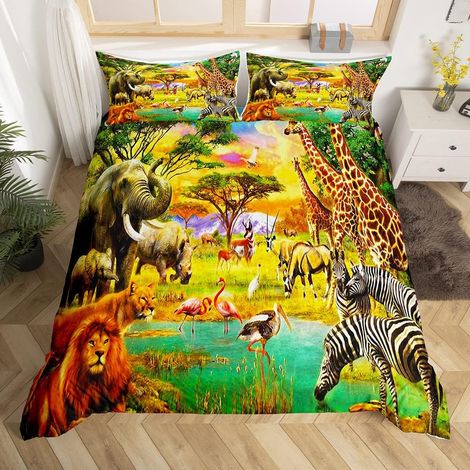 Zoom Animaux Housse de Couette Lion Éléphant Zèbre Girafe Parure de Lit 200x200cm Tropical Flamingo Animaux Ensembles de Housse de Couette pour Enfants Chambre Décor avec 2 Taie d'oreiller - 200x200cm (1/5)