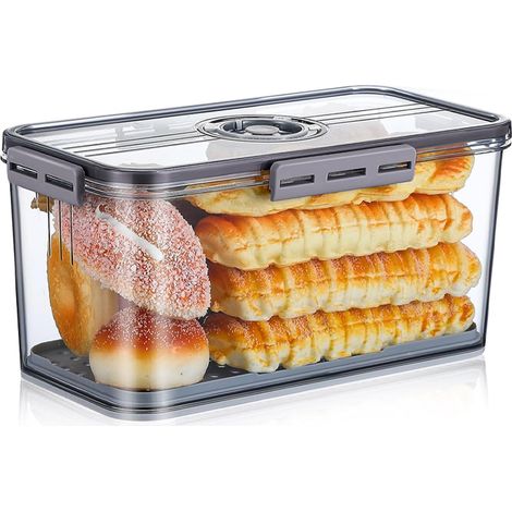 Bread storage container with airtight lid, 32.5x17.5x15cm, for homemade bread, buns, bagels, loaves, grey