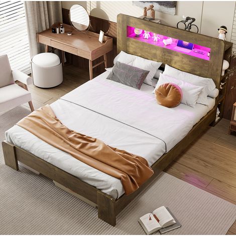 Letto 140x200 cm color legno vintage in legno con testiera contenitore, LED e prese integrate (1/5)