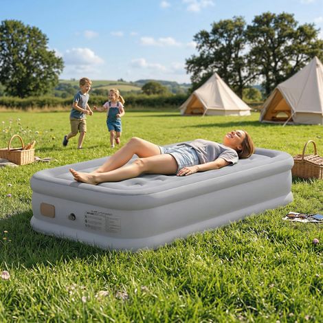 Matelas gonflable individuel pliable avec pompe. Gonflage 3 min, dégonflage 2 min. Sac de transport. Charge 200 kg. 190x97x39 cm. Gris.