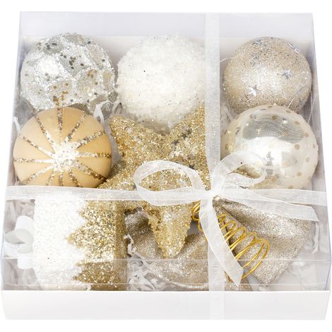Juego de 18 adornos navideños blancos color champán: bolas irrompibles, estrella para la punta del árbol y lazo. (1/5)