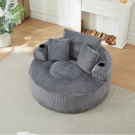 Sillón lounge redondo de 1 plaza en pana gris con 2 portavasos para salón - MEUBLIV (1/5)