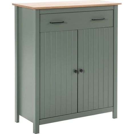 Altobuy – Meuble haut 2 portes 1 tiroir en pin massif ciré vert – Dimensions 90 x 40 x H110cm – Élément haut de cuisine (1/5)