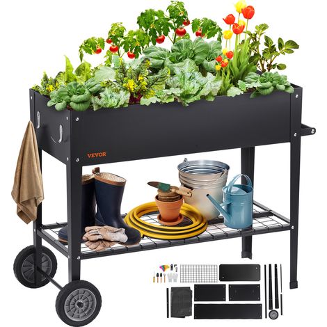 VEVOR Cama Elevada de Jardín 108 x 49,5 x 80 cm Jardinería Elevada de Metal Galvanizado para Cultivo de Flores Plantas Hierbas Huerto Urbano para Jardín Terraza Patio Balcón Negro con Accesorios