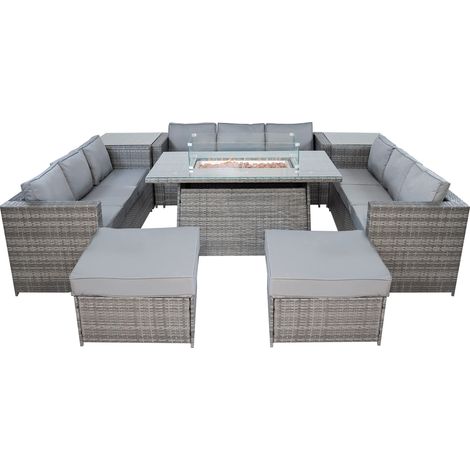 Conjunto de Muebles de Jardín de Ratán 11 Plazas con Mesa de Fuego a Gas, Sofá Modular Exterior de Polirratán con Cojines, Mesa Comedor, Taburetes y Mesas Auxiliares, Gris (1/5)