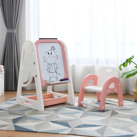 2en1 Tableau Magnétique Enfant Double Face avec Tabouret Etagère de Livres Hauteur Réglable Blanc et Rose (1/3)
