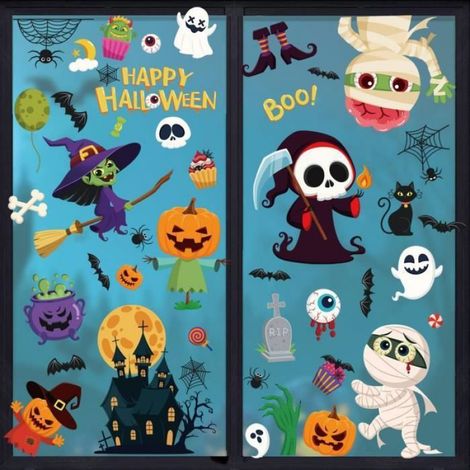 9 Feuilles Autocollants Halloween Double Face Réutilisables Halloween Stickers Sorcière Citrouille Chat A DECORATION DE FETE MURALE (1/3)