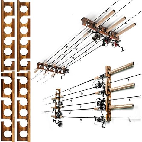 Support Pour Canne À Pêche - En Bois Massif - Montage Mur Ou Plafond - Capacité 12 Cannelles - Lot De 2