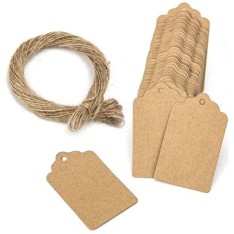 Lot de 100 étiquettes cadeaux festonnées en papier kraft, marron, 5 x 3 cm, avec ficelle (1/5)