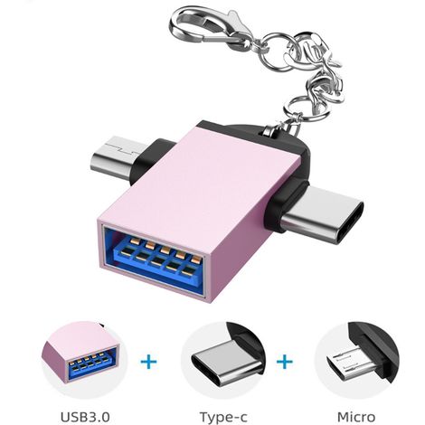 2PCS Coque Alliage Aluminium 2 en 1 Adaptateur OTG USB 3.0 vers Micro USB et Type C pour Android Doré Rose avec Chaîne
