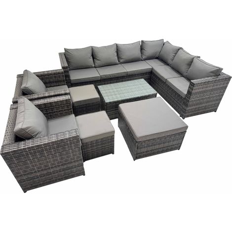 Fimous Patio Sofa Oblong Coffee Table Set Rattan Garden Furniture Set with 2 Chairs 3 Stools Dark Grey Mixed (1/5)
