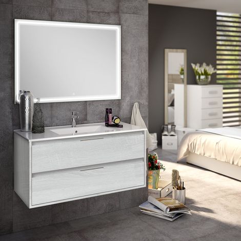 Meuble de salle de bain simple vasque - 2 tiroirs - hibernian (bois blanchi) - IRIS et miroir Led VELDI - 80cm (1/5)