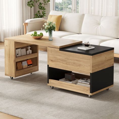 Table basse relevable plateau relevable design multifonction extensible espace de rangement élément latéral pivotant 360° design (1/5)