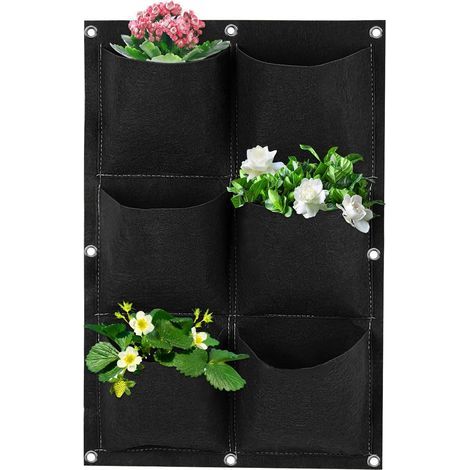 Sac à Plantes Mural Suspendu, 6Poches Sacs de Plantation Verticaux en Feutre, Sacs de Culture Muraux Poche à Fleurs de Jardin pour Fraise Extérieur Maison Décoration (Noir) (1/5)