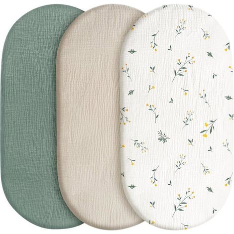 Lot de 3 draps-housses, protège-matelas, pour parc, 100 % mousseline de coton, doux, pour poussette, cadeau de naissance (1/5)