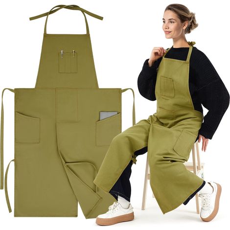 Tablier de potier à jambes fendues, tablier en toile de polyester céramique à couverture intégrale, avec grandes poches, fermeture croisée au dos, unisexe et ajustable, pour l'artisanat, les machines,