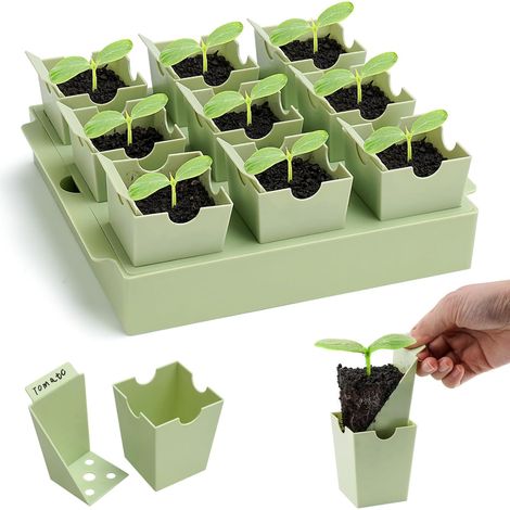 Plateau de germination avec poignées double fonction pour le repiquage et l'étiquetage - 9 compartiments profonds (5,8 cm), kit de germination réutilisable extra épais, convient pour une utilisation i (1/5)