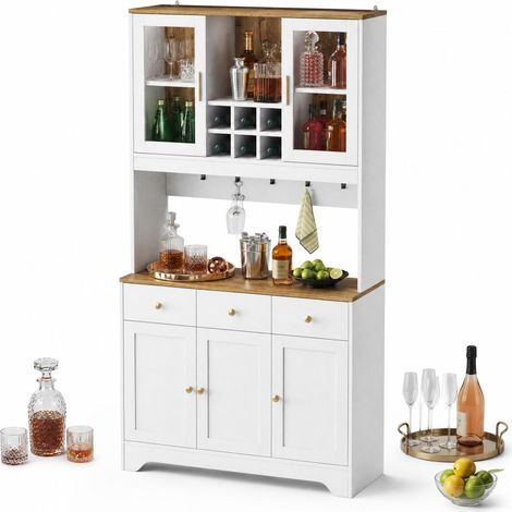 Buffet haut blanc effet veinure bois avec 5 portes, 3 tiroirs et niches ouvertes, vitrine acrylique, style rustique pour salon ou salle à manger CHICFURN (1/5)