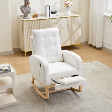 Modernluxe - Fauteuil à bascule en tissu bouclé - Repose-pieds réglable et poches latérales - Port USB - Blanc (1/5)